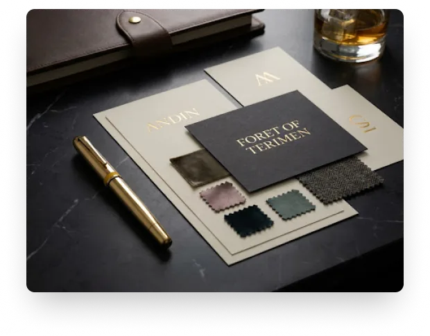 Luxury stationery, fabric swatches and a gold fountain pen on black marble